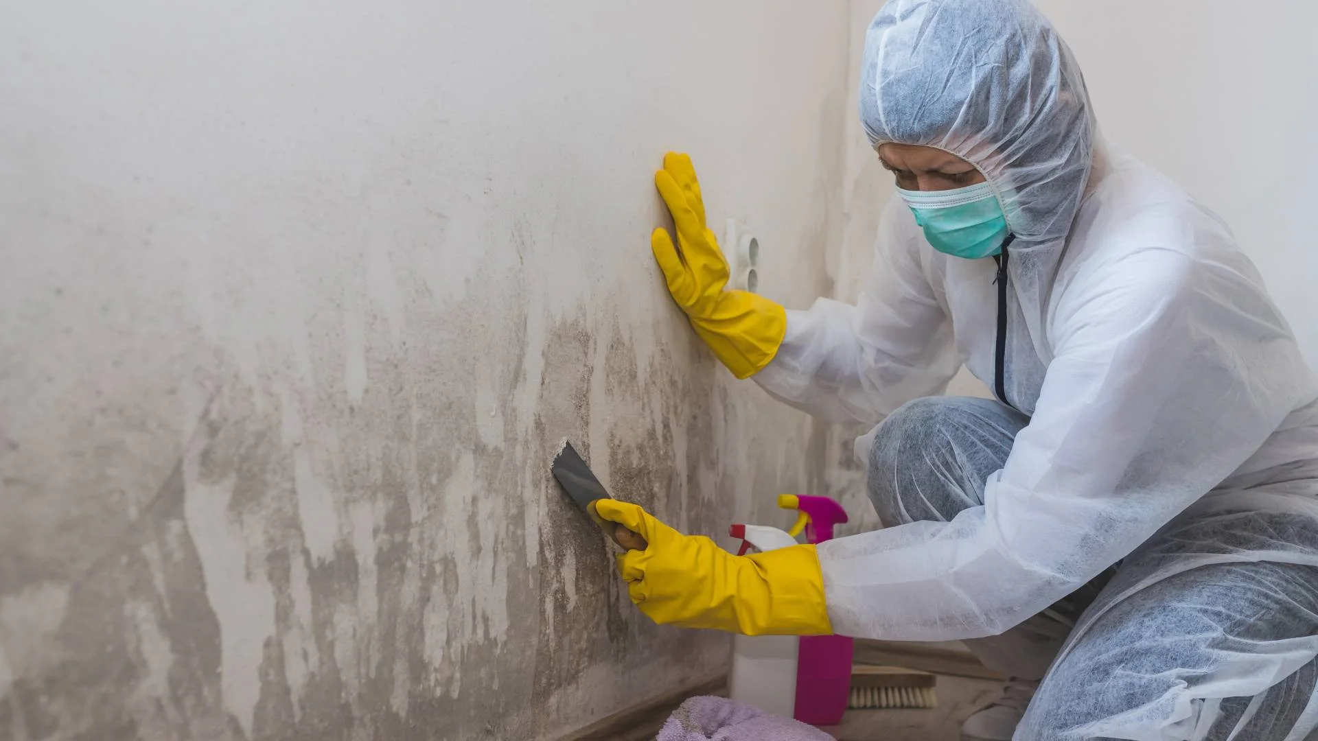 Mold remediation work on an affected interior wall